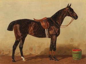A Saddled Bay Horse in a Stable by Emil Volkers Oil Painting