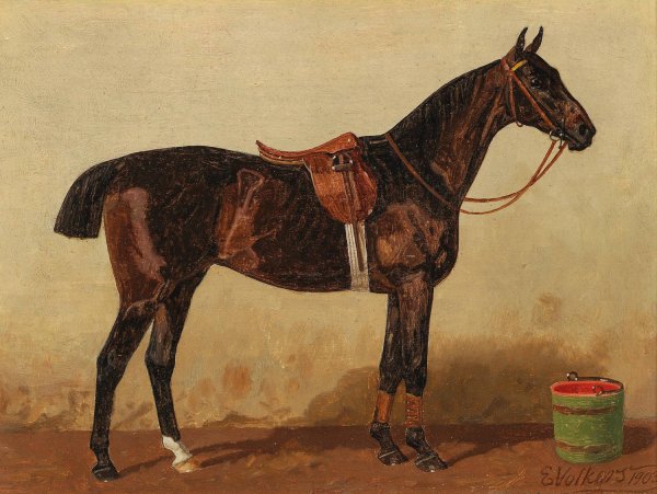 Main Product Photo of A Saddled Bay Horse in a Stable  Painting by Emil Volkers