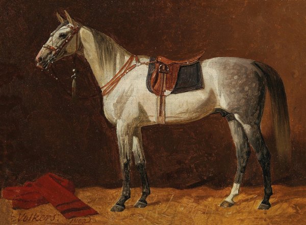 Main Product Photo of A Saddled White Horse in a Stable  Painting by Emil Volkers