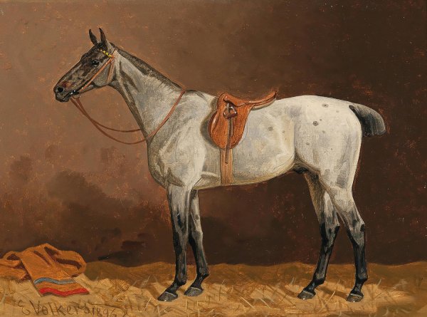 Main Product Photo of A White Horse in the Stable  Painting by Emil Volkers