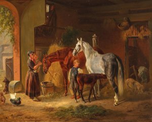 Besuch beim Fohlen im Stall by Emil Volkers Oil Painting