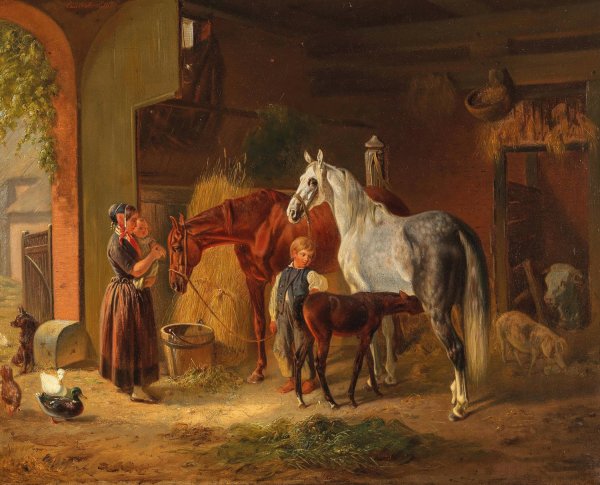 Main Product Photo of Besuch beim Fohlen im Stall  Painting by Emil Volkers
