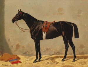 Black Horse in the Stable by Emil Volkers Oil Painting