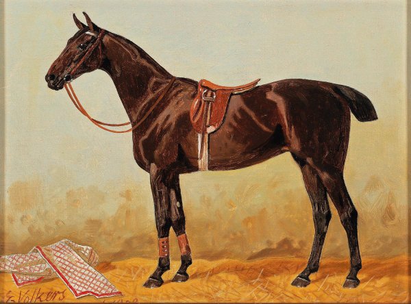 Main Product Photo of Brauner im Stall mit Satteldecke  Painting by Emil Volkers