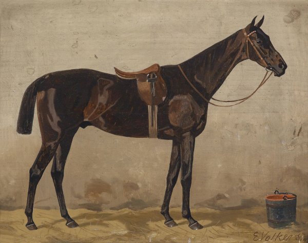 Brauner im Stall  by Emil Volkers - Hand-Painted Oil Painting Reproduction