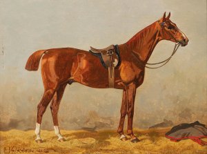 Chestnut in the Stable by Emil Volkers Oil Painting
