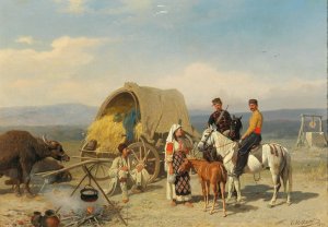 Romanian Peasants with Patrol by Emil Volkers Oil Painting
