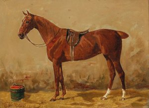Saddled Chestnut in the Stable by Emil Volkers Oil Painting