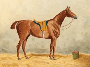 Saddled Horse in the Stable by Emil Volkers Oil Painting