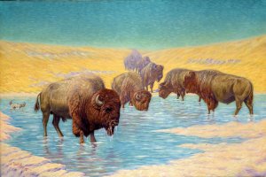 Buffalo Scene by Emil W. Lenders Oil Painting