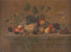 Fruit still life with glass chalice, nuts and insects by Emil Weichert Oil Painting