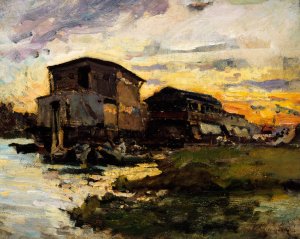 Bateau-lavoir sur la Seine, aux environs de Paris by Emile Antoine Guillier Oil Painting