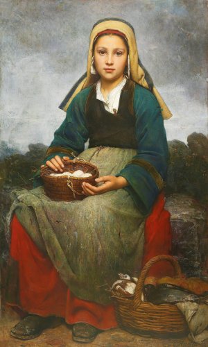 A Young Girl Holding A Basket Of Eggs by Emile-Auguste Hublin Oil Painting