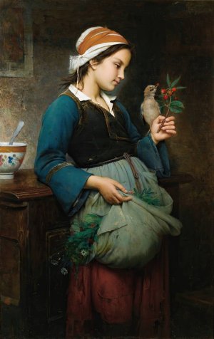 Fillette a l'oiseau by Emile-Auguste Hublin Oil Painting