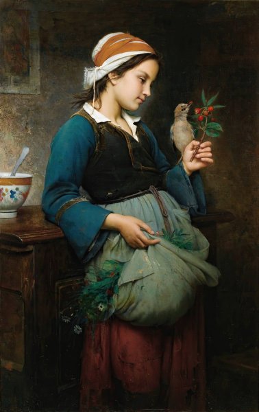 Main Product Photo of Fillette a l'oiseau  Painting by Emile-Auguste Hublin