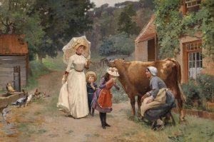A Visit to a Farmyard by Emile-Charles Dameron Oil Painting