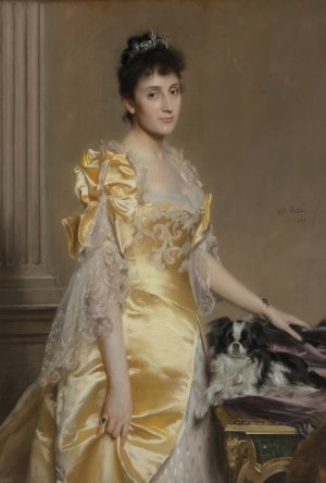 Portrait of an elegant woman with a Papillon spaniel by Emile Charles Wauters Oil Painting