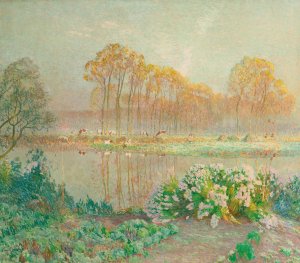 Landscape with pond and blooms by Emile Claus Oil Painting