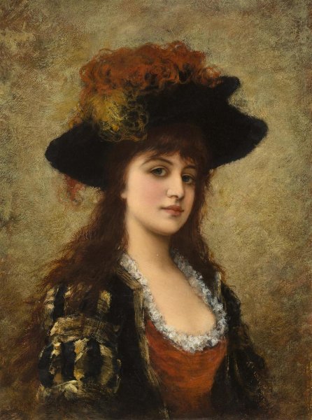 Main Product Photo of A Young Beauty with Feathered Hat Painting by Emile Eisman-Semenowsky