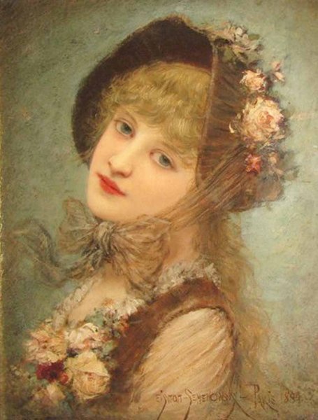 Main Product Photo of Beautiful Girl in Rose Hat Painting by Emile Eisman-Semenowsky