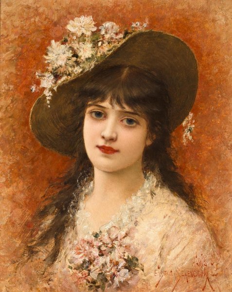 Main Product Photo of Girl with Hat Painting by Emile Eisman-Semenowsky