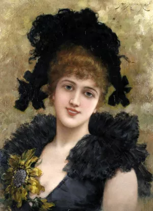 Portrait of a Young Lady in a Black Dress with a Sunflower by Emile Eisman-Semenowsky Oil Painting