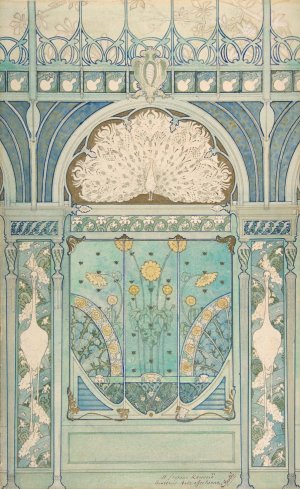 Design for a Wall Decoration with Peacock, Cranes, and Sunflowers for the Restaurant in Hotel Langham by Emile Hurtre Oil Painting