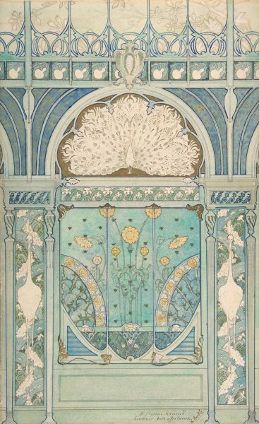 Main Product Photo of Design for a Wall Decoration with Peacock, Cranes, and Sunflowers for the Restaurant in Hotel Langham  Painting by Emile Hurtre