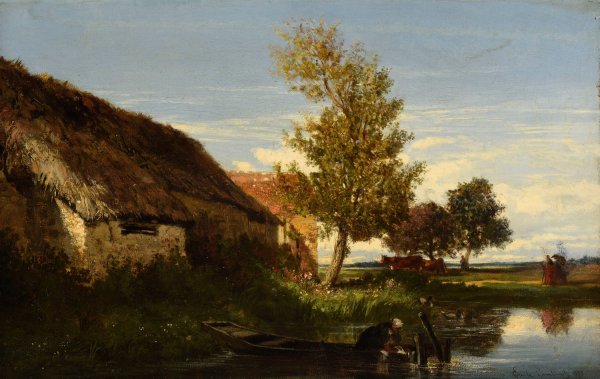 Chaumiere au bord de l'eau  by Emile Lambinet - Hand-Painted Oil Painting Reproduction