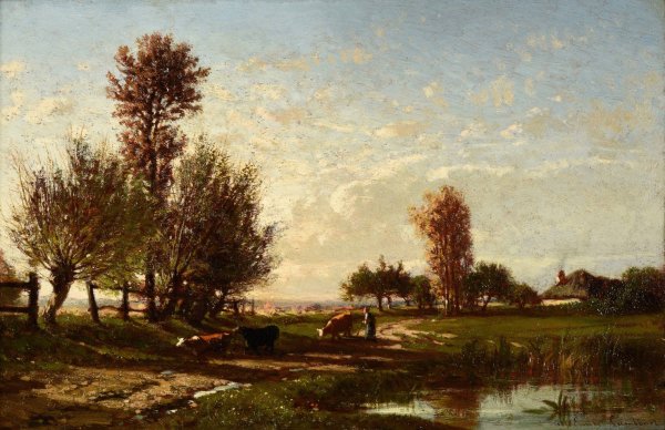 Paysage avec cours d'eau  by Emile Lambinet - Hand-Painted Oil Painting Reproduction