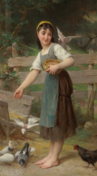 Feeding The Doves  by Emile Munier - Hand-Painted Oil Painting Reproduction