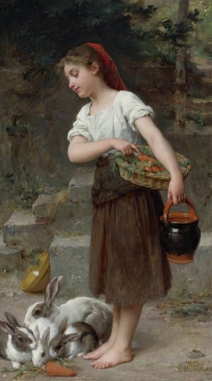 Feeding The Rabbits by Emile Munier Oil Painting