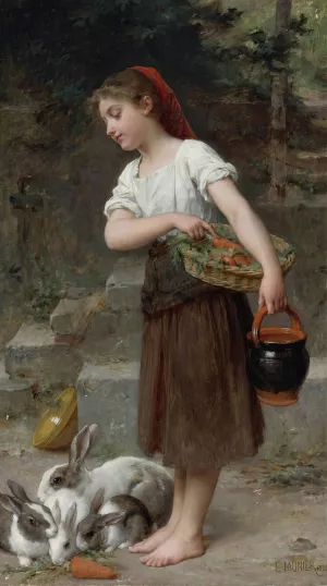 Feeding The Rabbits by Emile Munier Oil Painting
