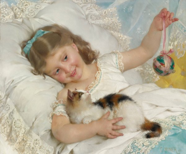 Petite fille and chat  by Emile Munier - Hand-Painted Oil Painting Reproduction