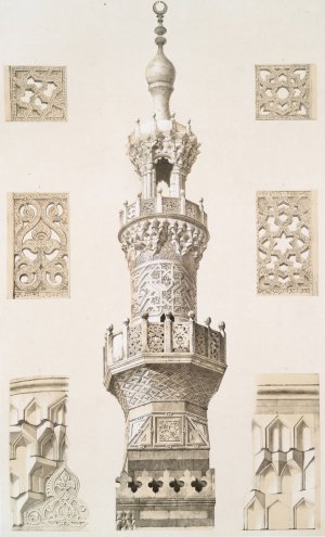 Mosquee de Qaytbay, ensemble et details du minaret Oil painting by Emile Prisse D'Avennes