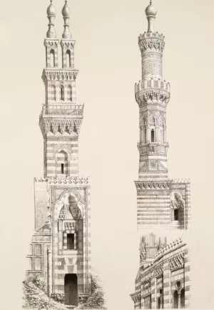 Parallele de minarets; M. Naceriyey; M. El-Bordeyny by Emile Prisse D'Avennes Oil Painting