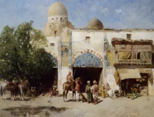 Horses Before a Mosque by Emile Regnault De Maulmain Oil Painting