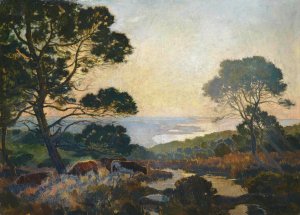 Cattle grazing above a bay at dusk by Emile-Rene Menard Oil Painting