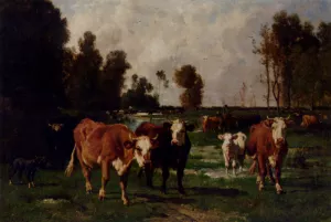 Cattle in a Meadow painting by Emile Van Marcke De Lummen
