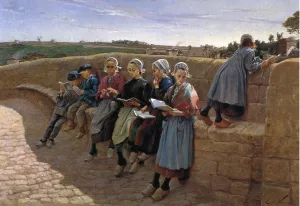 Breton Children Reading by Emile Vernon Oil Painting