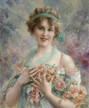 Fille Aux Roses Emile Vernon by Emile Vernon Oil Painting