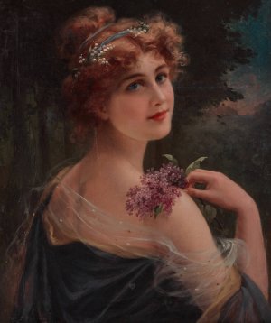 Young Woman with a Sprig of Lilac by Emile Vernon Oil Painting