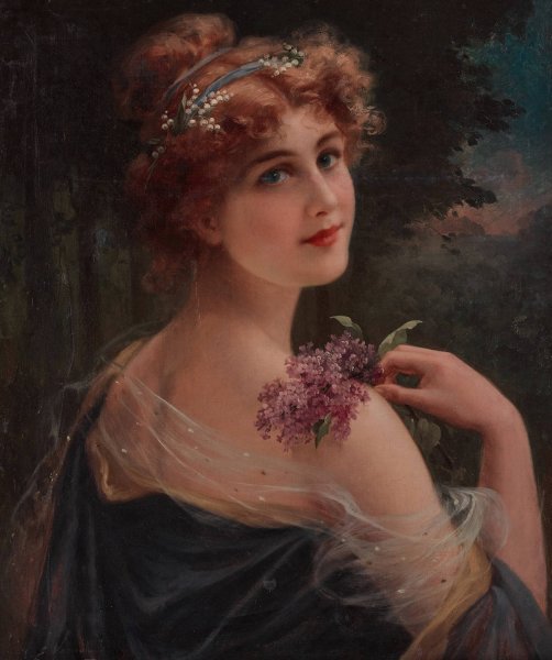 Main Product Photo of Young Woman with a Sprig of Lilac Painting by Emile Vernon