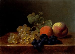 Grapes, an Orange and an Apple on a Marble Ledge