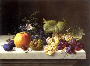 Grapes Plums Etc. On A Marble Ledge by Emilie Preyer - Oil Painting Reproduction