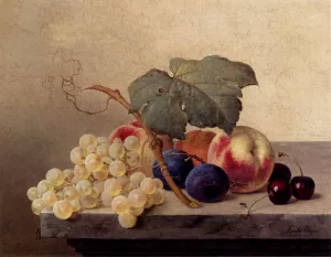 Still Life with Grapes, Peaches, Plums and Cherries by Emilie Preyer Oil Painting