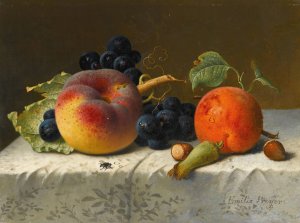 Still life with peach, apricot, grapes and hazelnuts on a tablecloth by Emilie Preyer Oil Painting