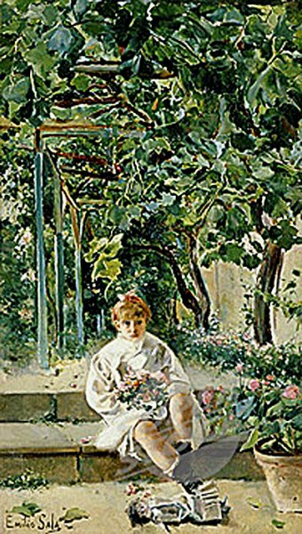 Nina en el Jardin by Emilio Sala y Frances - Hand-Painted Oil Painting Reproduction