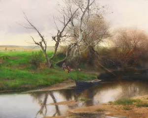 A Quiet Stretch of River by Emilio Sanchez-Perrier Oil Painting