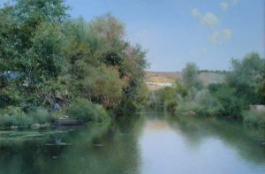 Landscape with Boat and Men by Emilio Sanchez-Perrier Oil Painting